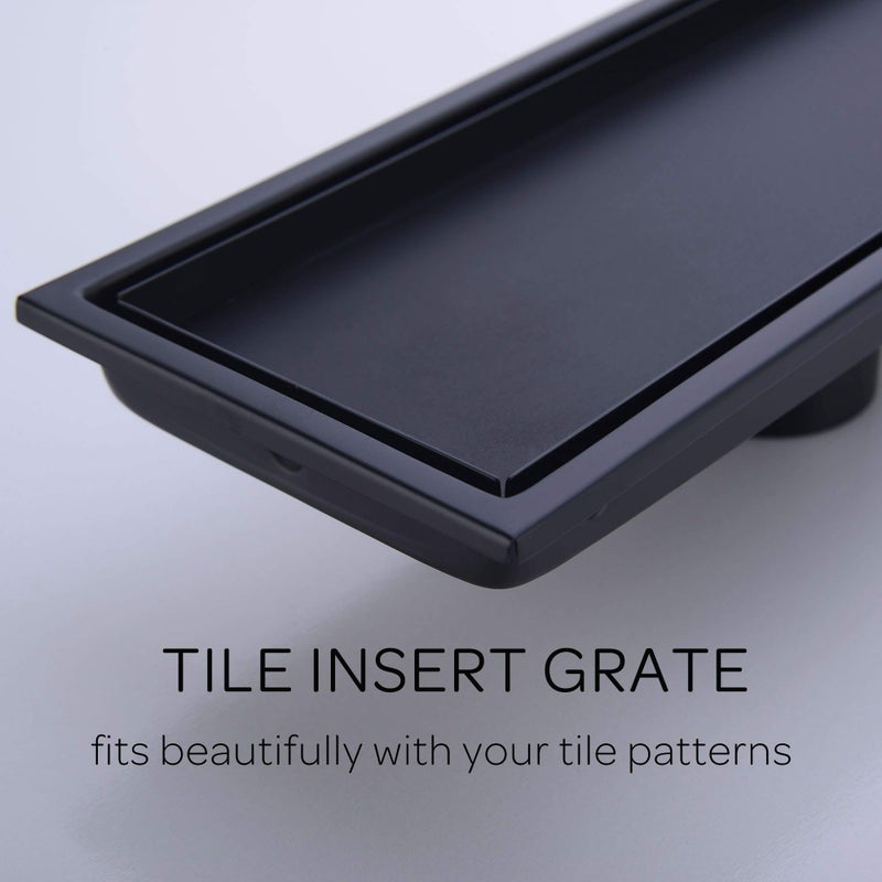 Orhemus 304 Stainless Steel Linear Shower Floor Drain with Tile Insert Grate Removable Cover 12 inch Long Rectangle, Matte Black Plated Finish - Image 2